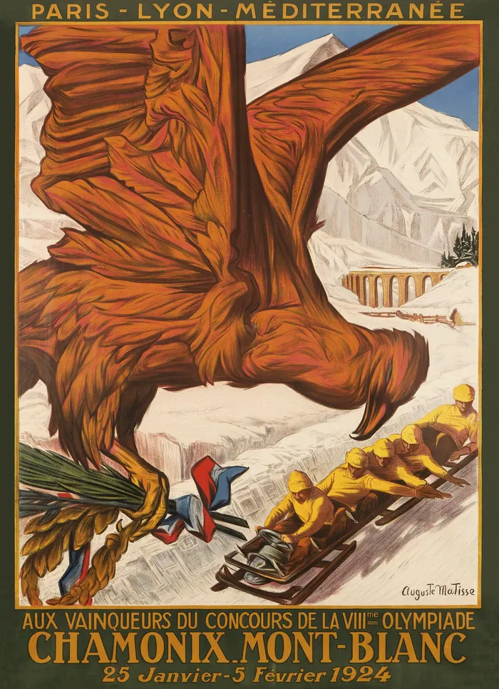 A railway poster by Auguste Matisse for the winter games at Chamonix-Mont-Blanc, 25 January to 5 February 1924.