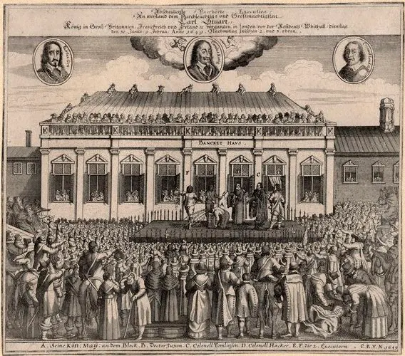 A German print of 1649 showing the execution of Charles I on the scaffold outside the Banqueting House, Whitehall.