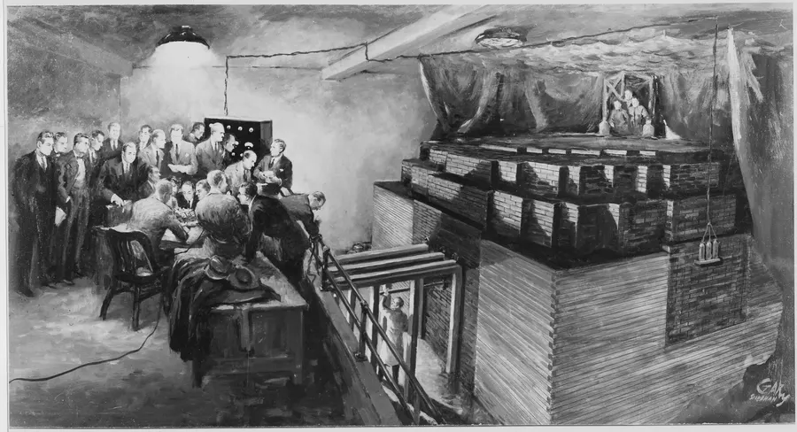Gary Sheahan's 1957 painting of the scene at 3.22 pm on 2 December 1942. No photographers were present.