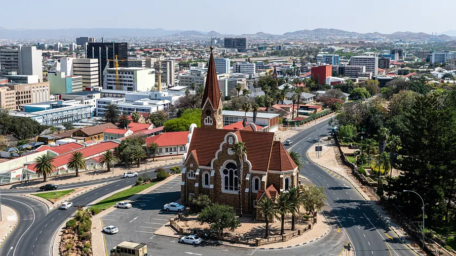 Central Windhoek, capital of Namibia, with the Christuskirche.