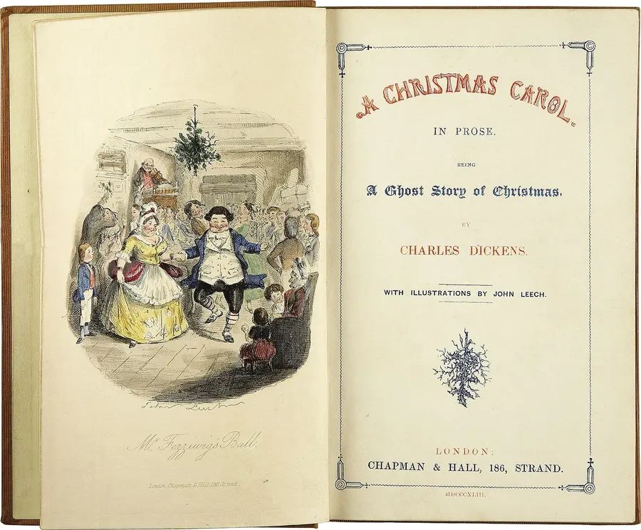 The first edition of A Christmas Carol, with John Leech's frontispiece of Mr Fezziwig's ball.