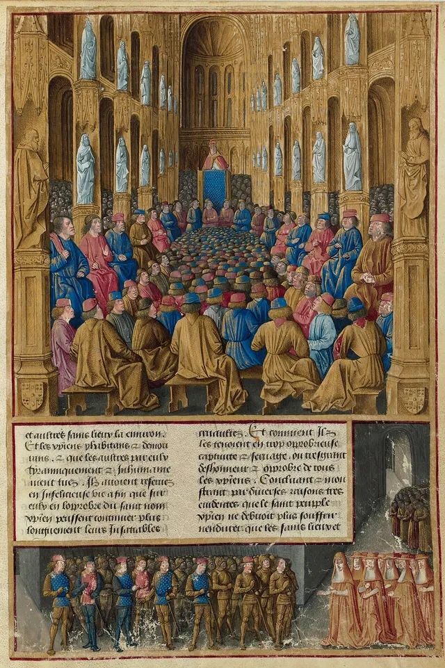 Pope Urban II preaching at the Council of Clermont, in a manuscript painted about 1474.