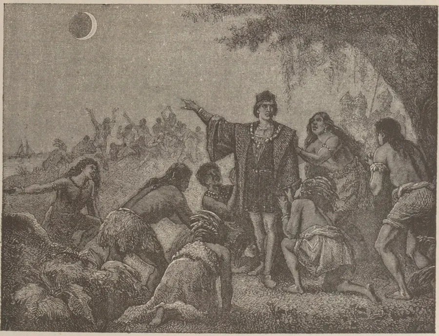 Columbus and the eclipse, as imagined in Camille Flammarion's Astronomie populaire, 1881.
