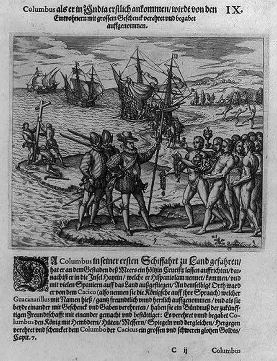 Columbus arriving on Hispaniola and received by its people, a copper engraving by Theodor de Bry.