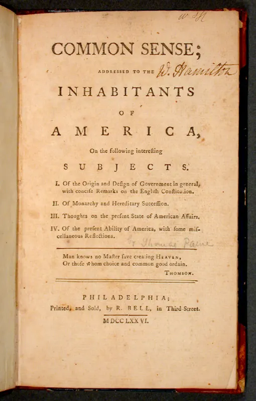 The title page of Common Sense, printed in Philadelphia in 1776.