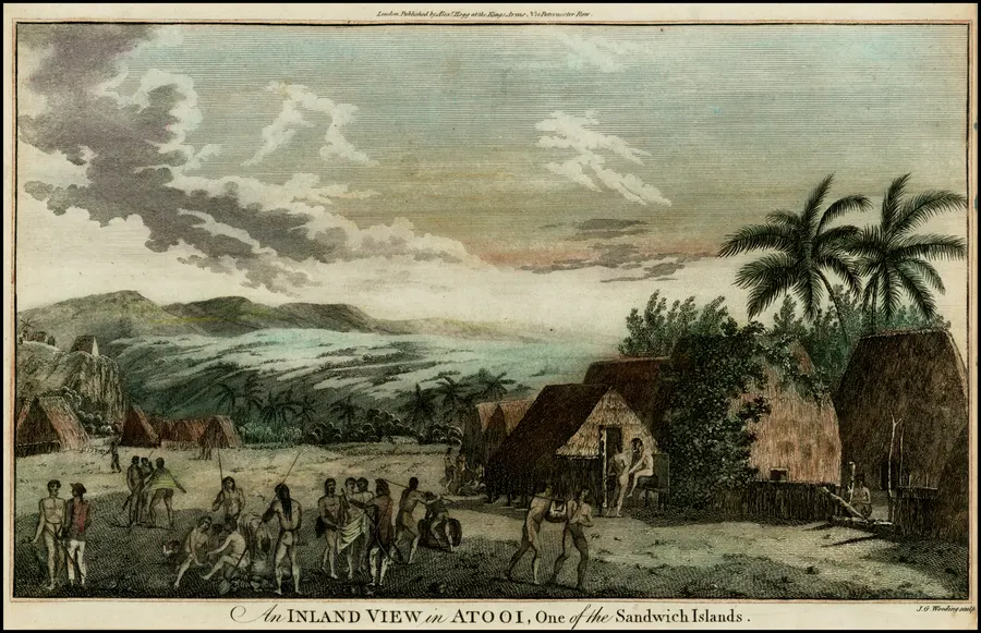 A village near Waimea on Kauai, which Cook's crews visited in 1778; an engraving after a drawing by John Webber, the expedition's artist, published in 1785.
