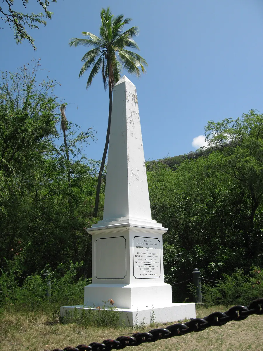 The monument to Captain Cook near the spot where he was killed at Kealakekua Bay, Hawaii.