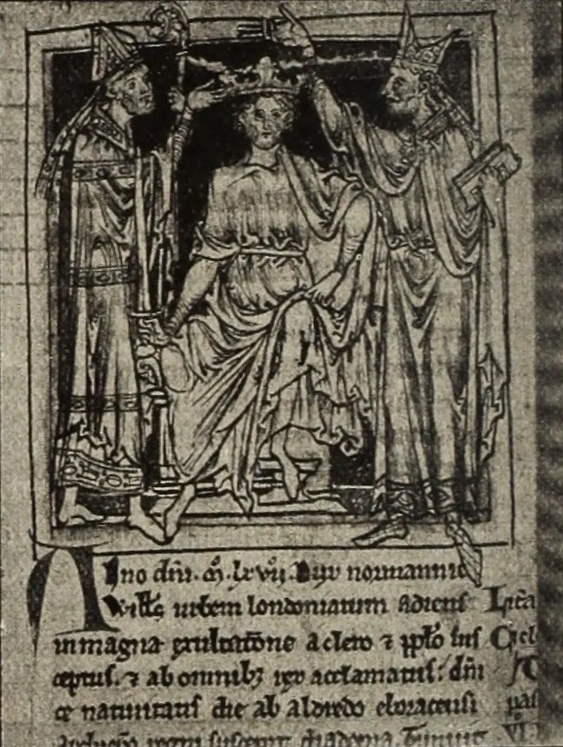 The coronation of William I by Ealdred, Archbishop of York, a drawing after Matthew Paris's Chronica Majora.