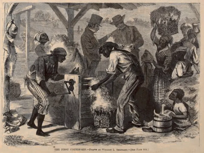 Enslaved workers at an early roller cotton gin, as imagined by William L. Sheppard for Harper's Weekly in 1869.