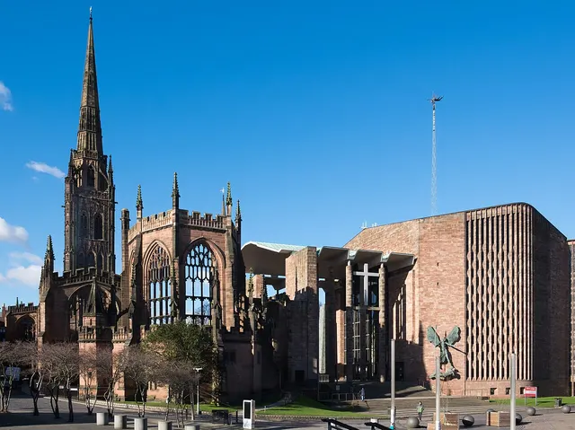 The ruins of Coventry's old cathedral beside the new cathedral built after the war.