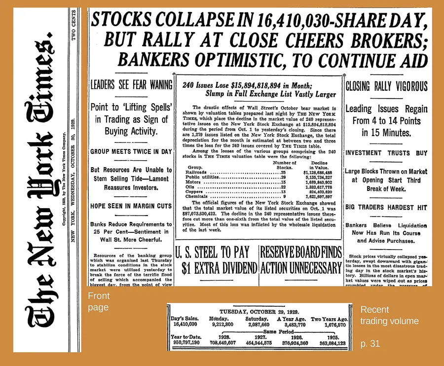 The New York Times front page of 30 October 1929, reporting the previous day's trading.