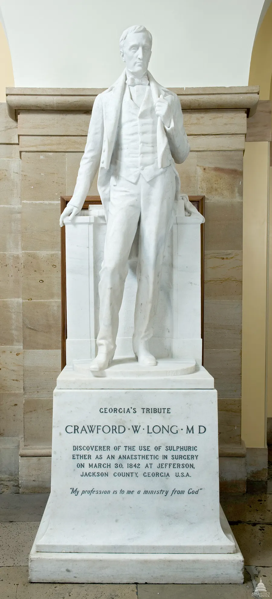 Crawford W. Long's marble statue in the crypt of the US Capitol.
