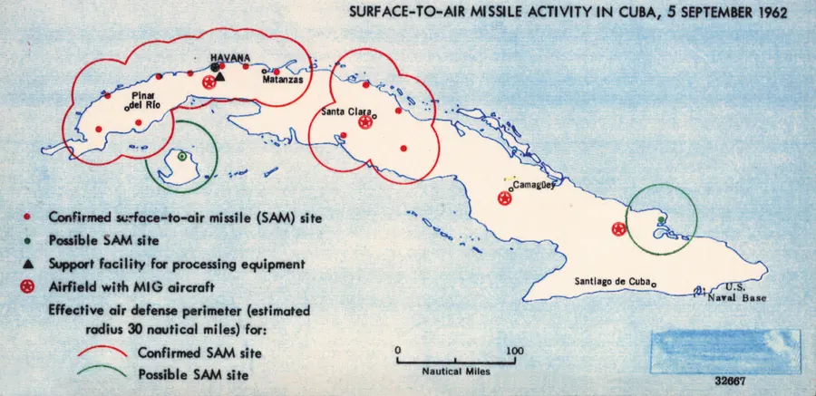 A United States intelligence map of surface-to-air missile activity in Cuba, dated 5 September 1962.