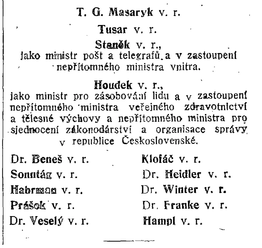 The closing page of the 1920 constitution, headed by President T. G. Masaryk and his ministers.