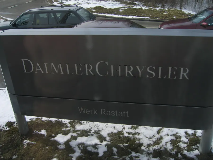 The DaimlerChrysler sign at the Mercedes-Benz car plant in Rastatt, Germany, in 2005.