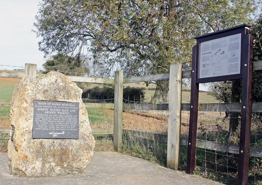 The memorial near Weedon Bec, Northamptonshire, marking the field where the 1935 test took place.