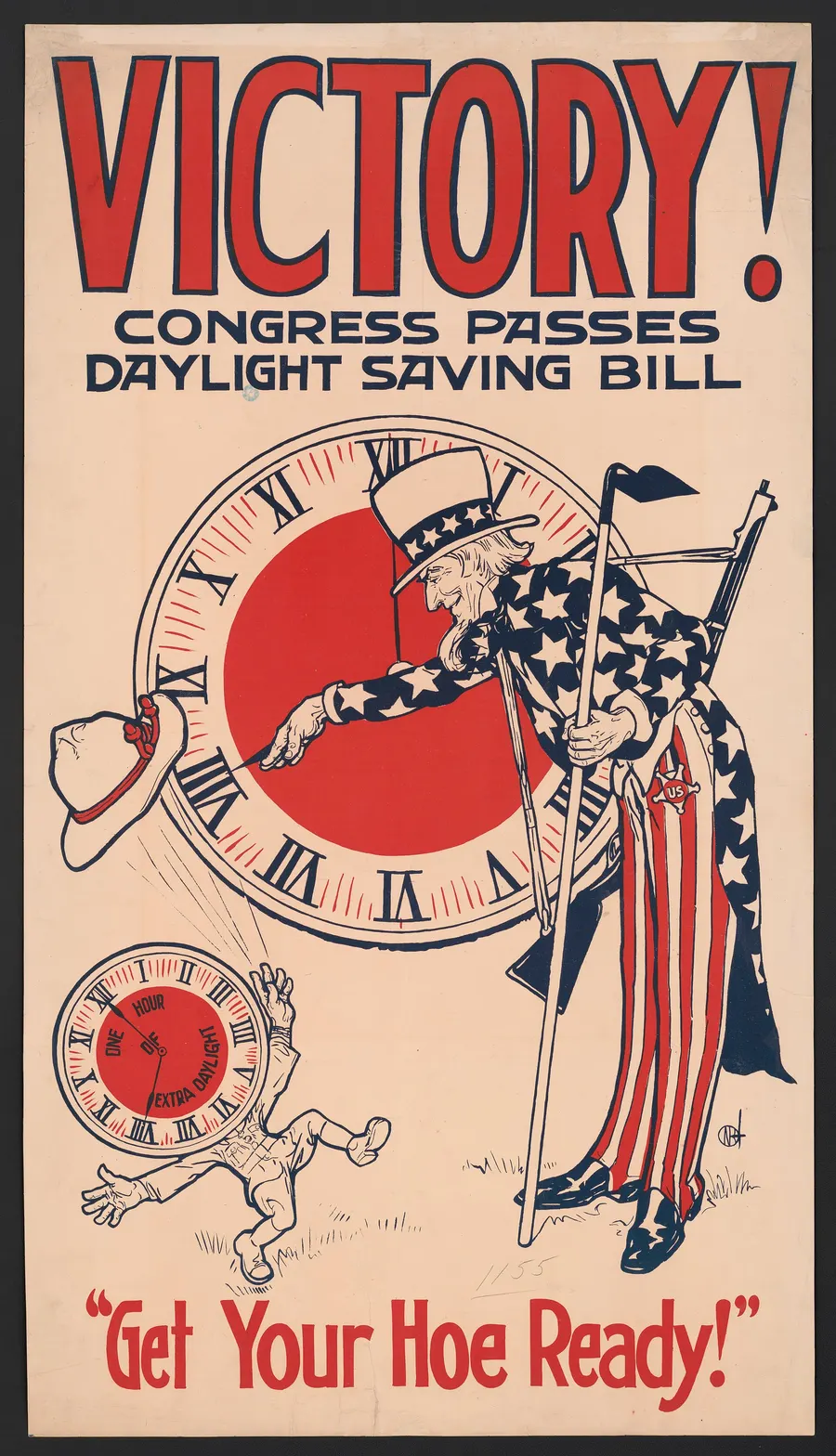 'Victory! Congress passes daylight saving bill', a poster of 1918 with Uncle Sam turning a clock forward.