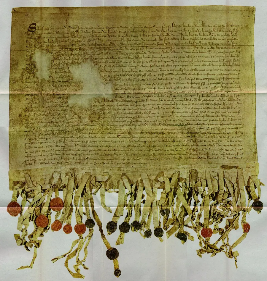 The Tyninghame copy of the Declaration of Arbroath, with the seals of the Scottish nobles.