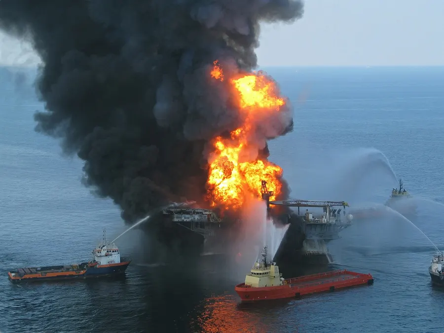 Fireboats spray the burning Deepwater Horizon in the Gulf of Mexico, April 2010.