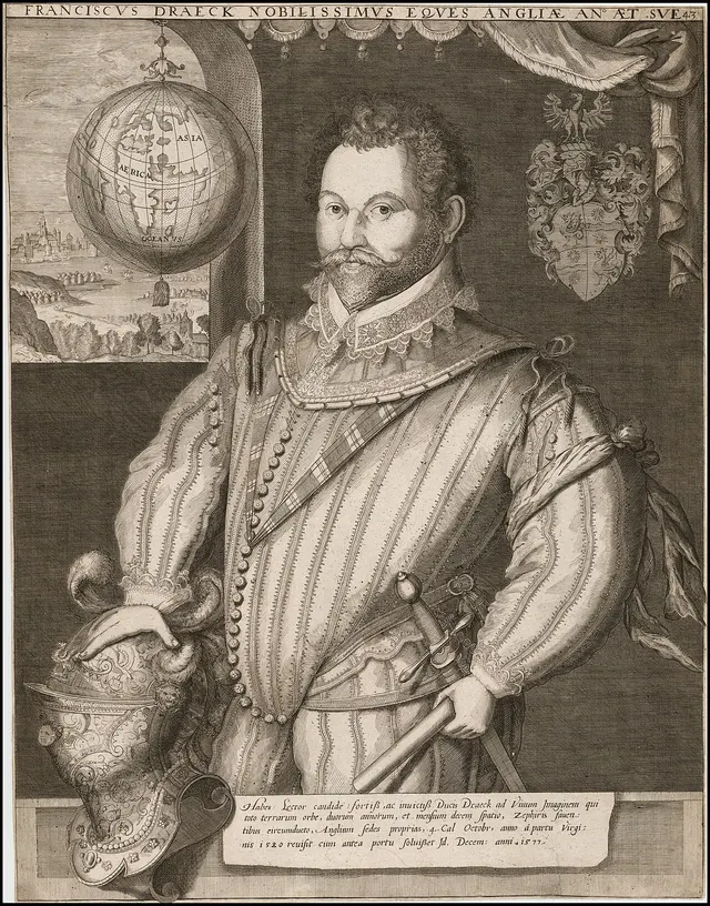 Sir Francis Drake, in a 1583 portrait by Jodocus Hondius.