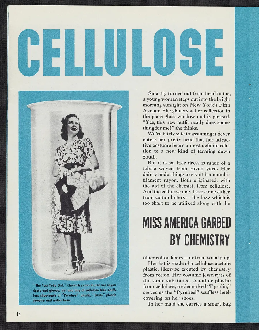 DuPont's 'Test Tube Girl', dressed in the firm's synthetic materials including nylon stockings, from a 1940 booklet.