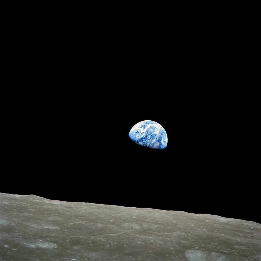 Earthrise, photographed from lunar orbit by the Apollo 8 astronaut Bill Anders in December 1968.