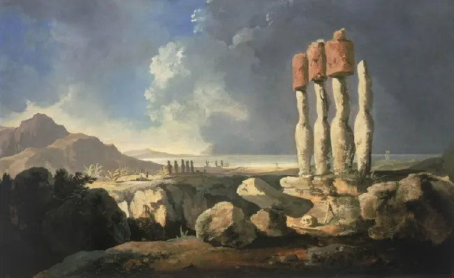The great stone statues of Easter Island, painted by William Hodges, who visited with Captain Cook in 1774.