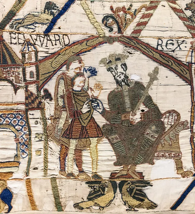 King Edward on his throne, in the opening scene of the Bayeux Tapestry.