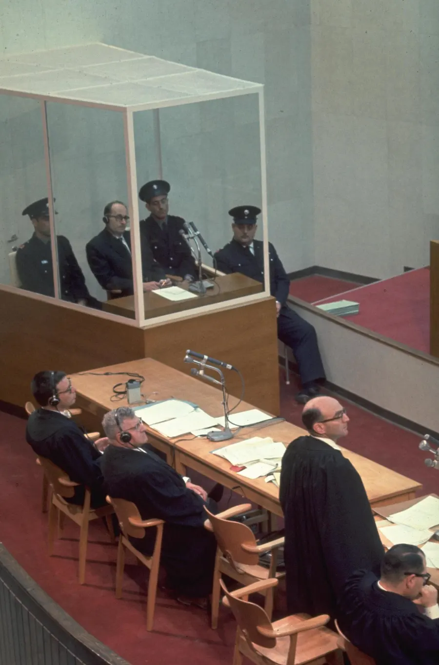 The courtroom in Jerusalem, with the bullet-proof glass booth built for the defendant.