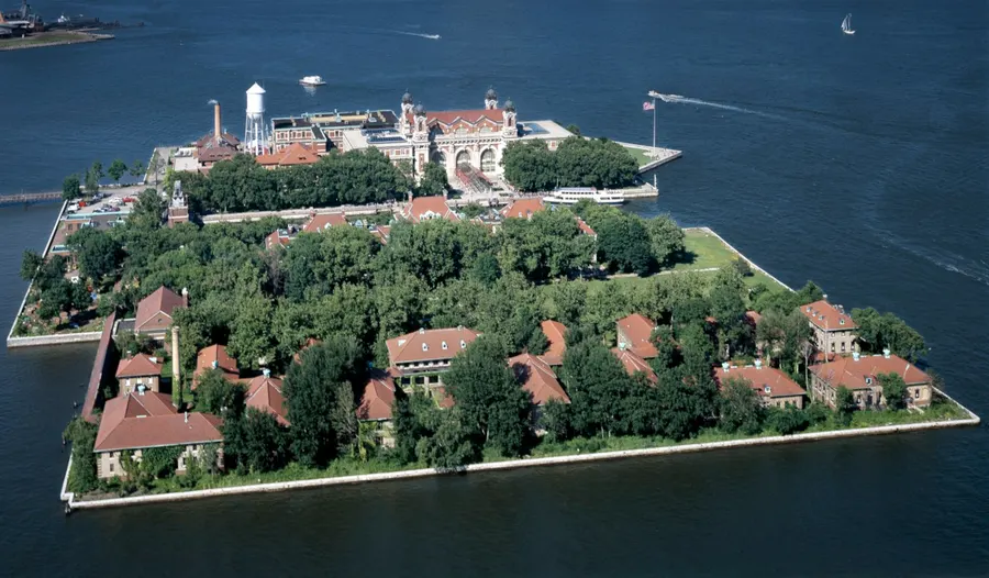 Ellis Island in New York Harbor from the air, photographed by Carol M. Highsmith in 2001.