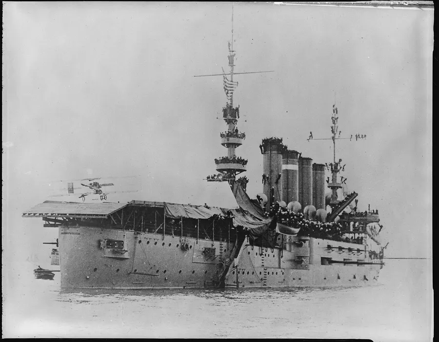 Eugene Ely's biplane on the landing platform at the stern of the cruiser Pennsylvania in San Francisco Bay, 18 January 1911.