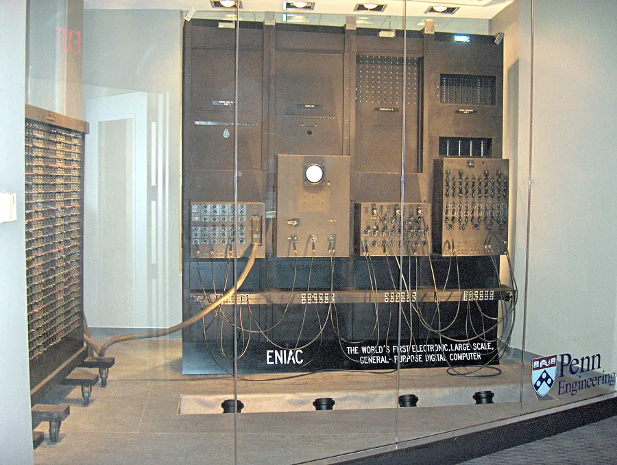Surviving panels of ENIAC on display at the University of Pennsylvania's Moore School of Engineering.