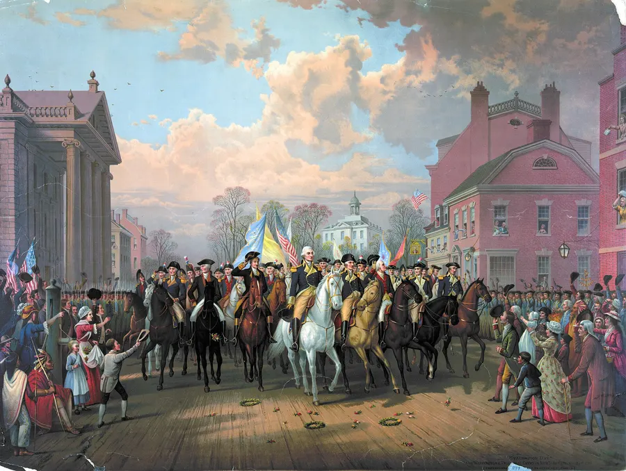 'Evacuation Day' and Washington's entry into New York, in a chromolithograph of 1879.
