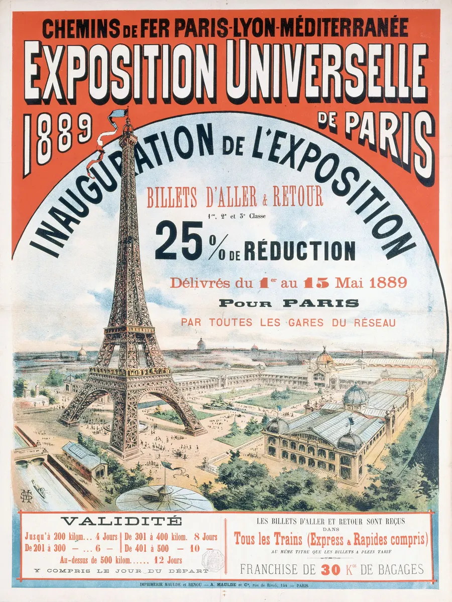 A railway poster for the 1889 Exposition Universelle in Paris, with the new Eiffel Tower.