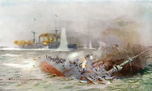 The Scharnhorst rolls over and sinks while the Gneisenau fights on, painted by William Lionel Wyllie.