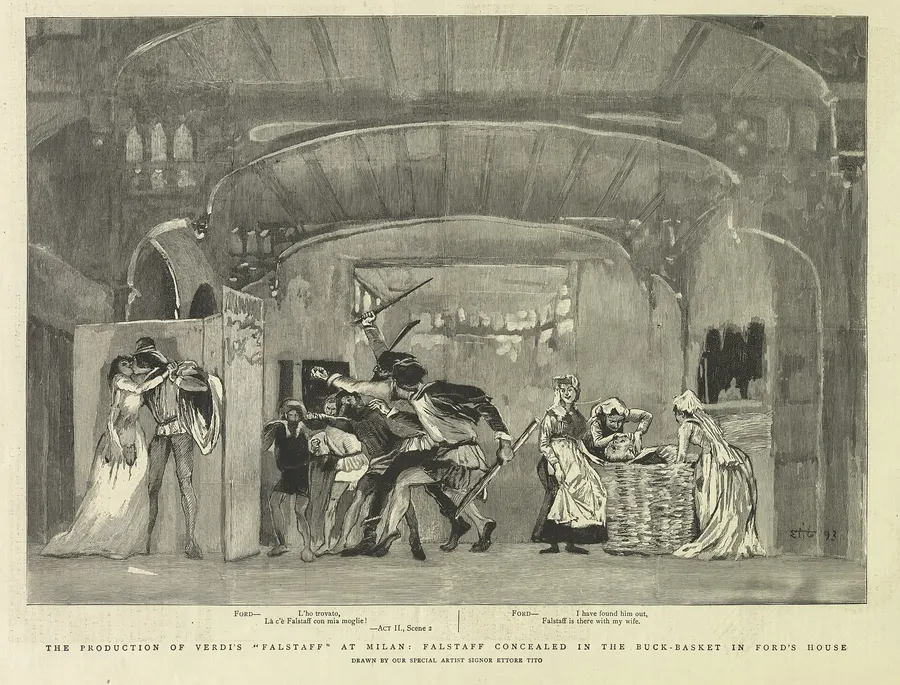 Falstaff hidden in the laundry basket at Ford's house, in Ettore Tito's drawing of the first production for The Graphic, 18 February 1893.