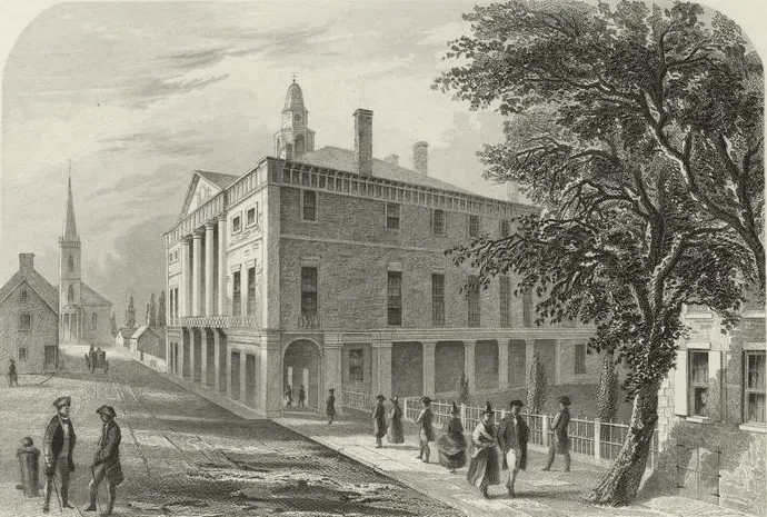 Federal Hall on Wall Street, New York, where the First Congress met, in a 19th-century engraving.