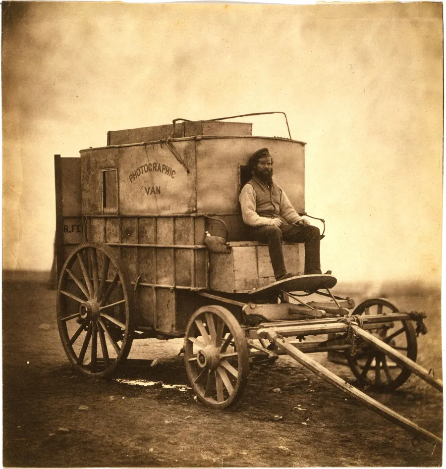 Roger Fenton's photographic van in the Crimea, 1855, one of the first war photographs.