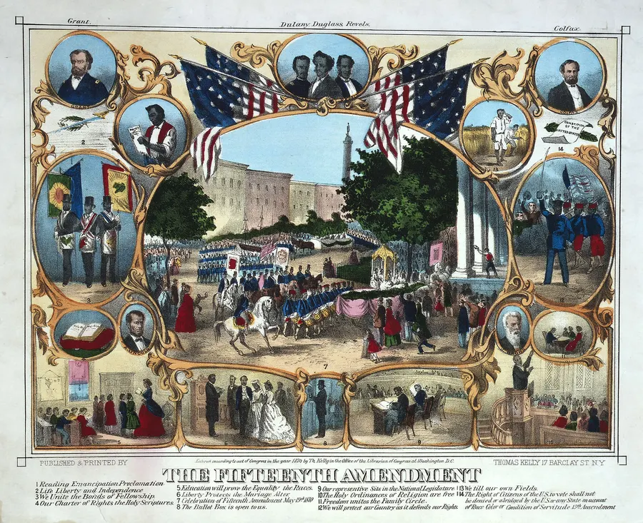The Fifteenth Amendment, an 1870 print by Thomas Kelly celebrating the amendment with a parade and portraits of Black leaders and abolitionists.