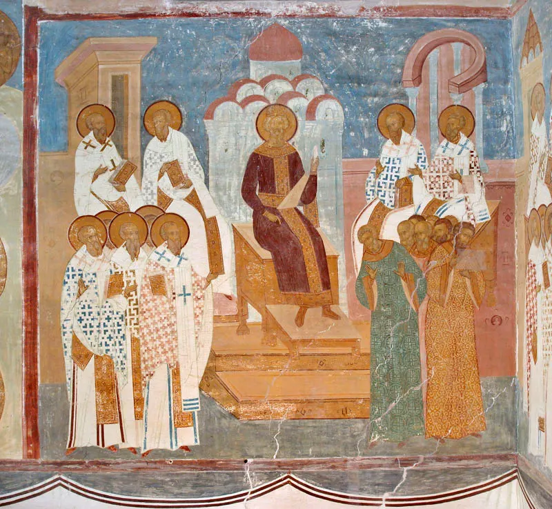 A fresco of the Fifth Ecumenical Council by the Russian painter Dionisius, early 16th century.
