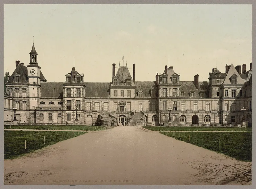 The Cour des Adieux at the palace of Fontainebleau, where Napoleon said farewell to his guard, in a photochrom of about 1900.