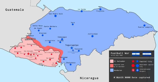 Map of the 1969 war between El Salvador and Honduras.