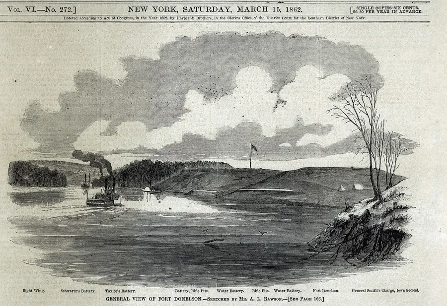 A general view of Fort Donelson from the river, sketched by A. L. Rawson for Harper's Weekly, March 1862.
