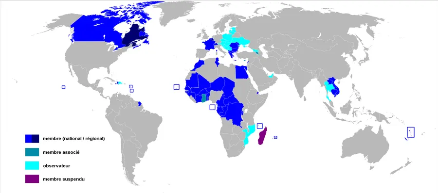Members of the Organisation internationale de la Francophonie in 2011 (dark blue: members; lighter shades: associates and observers).