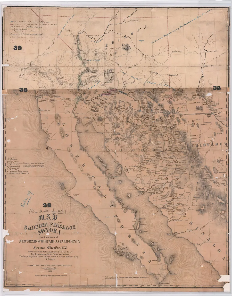 Herman Ehrenberg's 1858 map of the Gadsden Purchase and neighbouring lands, from the US National Archives.