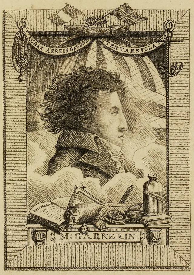 André-Jacques Garnerin in an engraved portrait of 1802, with a balloon behind him.