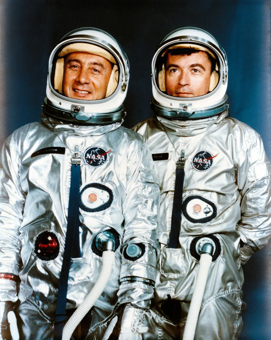 Gus Grissom (left) and John Young, the Gemini 3 crew, in April 1964.