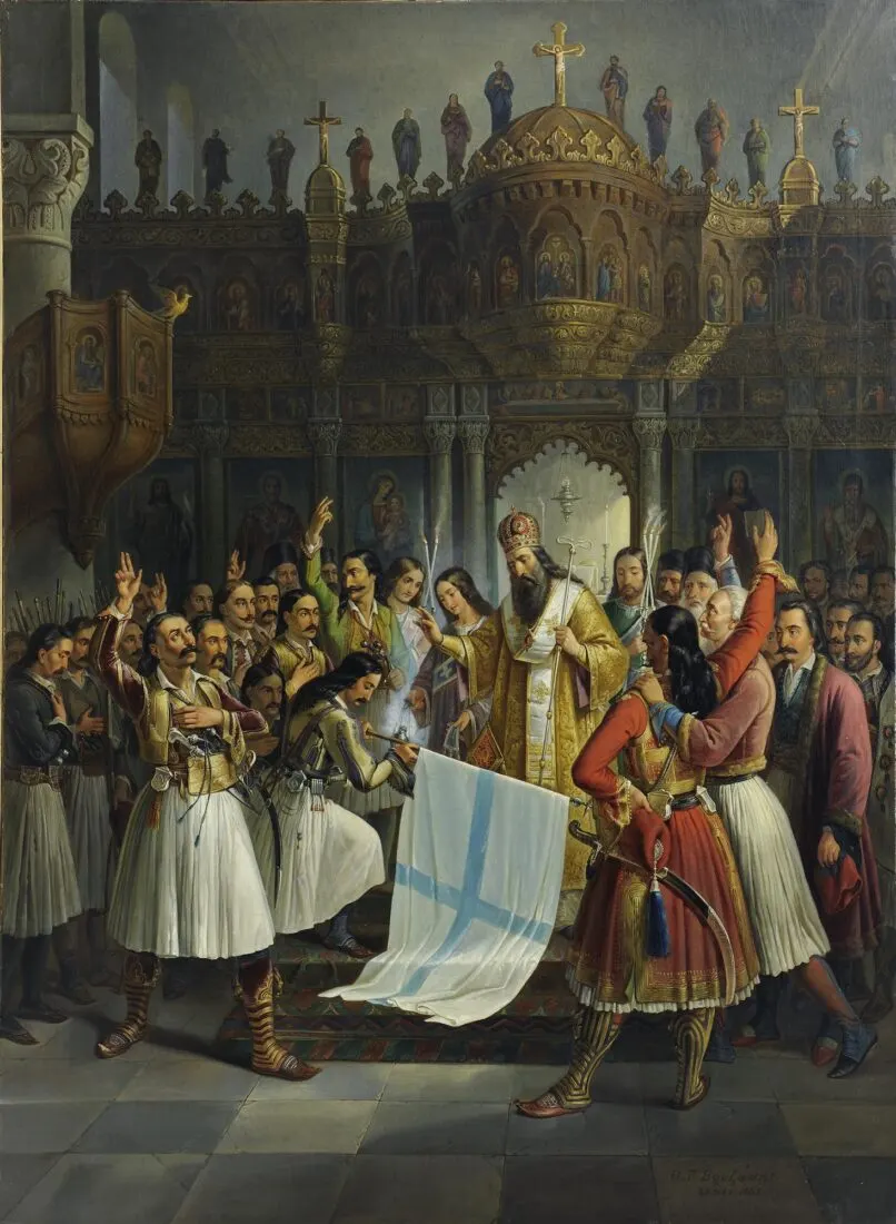 Bishop Germanos of Patras blesses the flag of the revolution, painted by Theodoros Vryzakis in 1865.