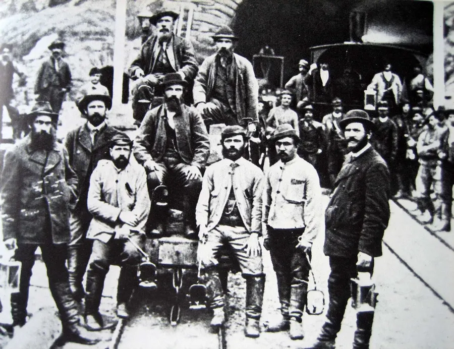 Workers on the Gotthard tunnel at Airolo, 1880.