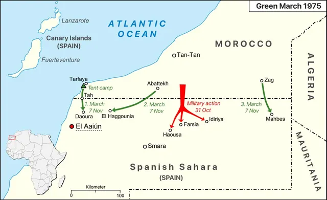 Map of the Green March into what was then Spanish Sahara, 1975.